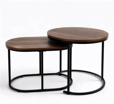 Produktbild von Couchtisch 2er Set Holzoptik, Wohnzimmertisch Rund & Oval mit Metallgestell Schwarz, Beistelltisch Set Platzsparend, Satztische im Industrial Design(Holzoptik-Schwarz)