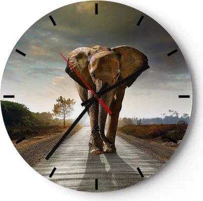 Produktbild von Wanduhr - Rund - Glasuhr - Elefant Straße Landschaft - 40x40cm - Schleichendes Uhrwerk - Lautlos - zum Aufhängen bereit - Dekoration Modern - Wanddekoration aus Glas - C3AR40x40-0214