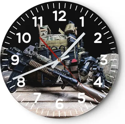 Produktbild von Wanduhr - Rund - Glasuhr - Militaria Gewehr - 40x40cm - Schleichendes Uhrwerk - Lautlos - zum Aufhängen bereit - Dekoration Modern - Wanddekoration aus Glas - C4AR40x40-3889