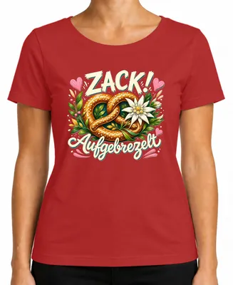 Produktbild von Zack Aufgebrezelt Brezel Edelweiss Trachtenshirt Lederhose Dirndl Damen T-Shirt, Rot, M