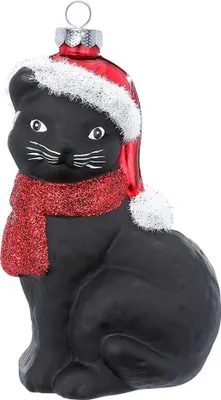 Produktbild von Christbaumschmuck Glas Katze mit Weihnachtsmütze 10cm schwarz / rot