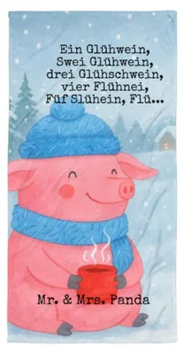 Produktbild von Mr. & Mrs. Panda Handtuch Schweinchen Glühwein Design - Weiß - Geschenk, Spruch, Strandtuch, Großes Badehandtuch, Strandlaken, Betrunken, Weihnachten, Duschtuch