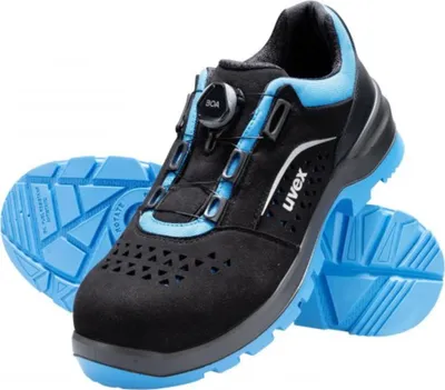 A pair of black and blue safety shoes with a BOA lacing system.