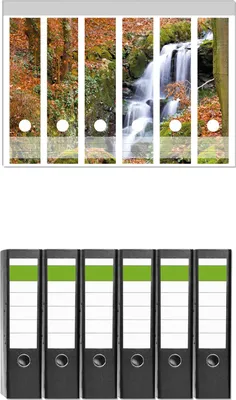 Produktbild von Wallario 6 Stück breite Ordner inkl. Klebeetiketten mit Motive Bach im Wald -  Set mit Rückenschildern / Ordnerrücken Stickern