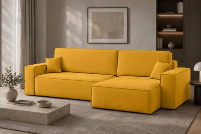 Image de Canapé d'angle Kaiser Möbel en forme de L, avec fonction couchage et coffre de rangement, revêtement en velours Bluvel, couleur or, côté droit, modèle BEST XL