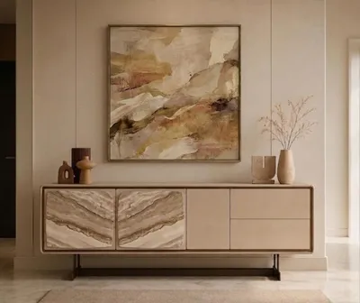 Immagine prodotto di Mobile contenitore beige in legno, effetto marmo, con cassetti, ideale per il soggiorno