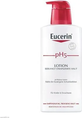 A white bottle of Eucerin pH5 Lotion with a red pump dispenser.