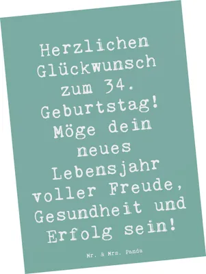 Produktbild von Mr. & Mrs. Panda Postkarte Spruch 34. Geburtstag - Meeresbrise - Geschenk, Geburtstagsgeschenk, Happy Birthday, Glückwunsch, gute Wünsche, Postkarten, Ansichtskarte