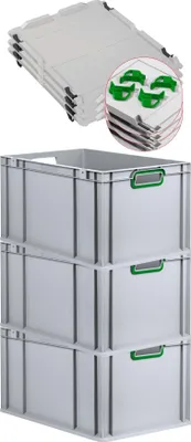 Produktbild von SuperSparSet 3x Eurobox NextGen Color mit Auflagedeckel und Schiebeschnappverschlüsse | HxBxT 32x40x60cm | 65 Liter | Griffe grün offen | Verstärkter Boden | Eurobehälter, Transportbox, Transportbehälter, Stapelbehälter