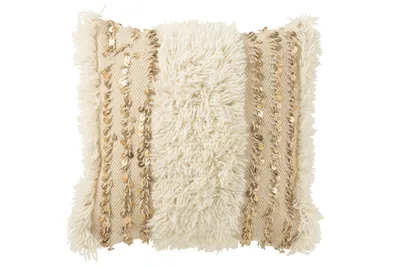 Produktbild von J-Line - Kissen Square Lines Pailletten Wolle/Baumwolle Creme/Gold - 45x45x12cm