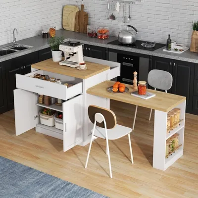 Produktbild von okwish Kücheninsel mit ausziehbarem Esstisch,2 Schubladen und offenen Seitenregalen, Küchenschrank mit Stauraum,für 4–6 Personen,Weiß