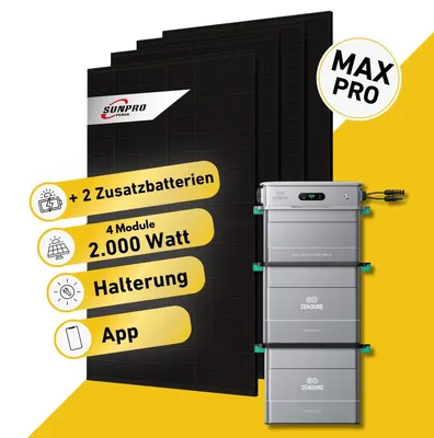Produktbild von Balkonstrom Balkonkraftwerk 2000W mit Speicher | 2xZusatzspeicher |Biberschwanzdachhalterung | 4xSolarmodul | Zendure SolarFlow 800 Pro 2 |Kabel 10m