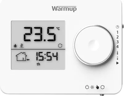 A digital thermostat with a display showing temperature and time, and a large control dial.