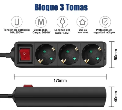 Zdjęcie produktu dla Listwa zasilająca EXTRASTAR z 3 gniazdami i wyłącznikiem, kabel 1,5 m, wtyczki płaskie, kolor czarny