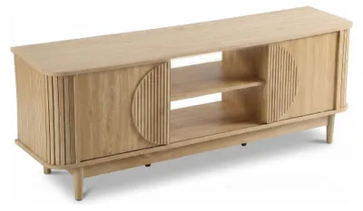 Zdjęcie produktu dla SensaHome, komoda TV w stylu Japandi – mebel pod telewizor z żłobionymi drzwiami przesuwnymi i otwartymi półkami – 153x38x53 cm – dąb