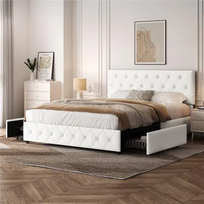 Produktbild von Yaheetech Polsterbett mit Schubladen, 160 x 200 cm, höhenverstellbarer Kopfteil, Doppelbett aus Kunstleder, Weiß