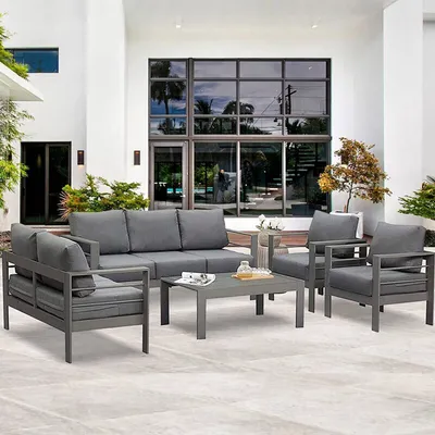 Produktbild von MeXo Gartenmöbelset, Loungeset Aluminium für 6-7 Personen mit Kissen und Couchtisch Indoor Outdoor Balkon grau (Sitzgruppe, Aluminiumrahmen)