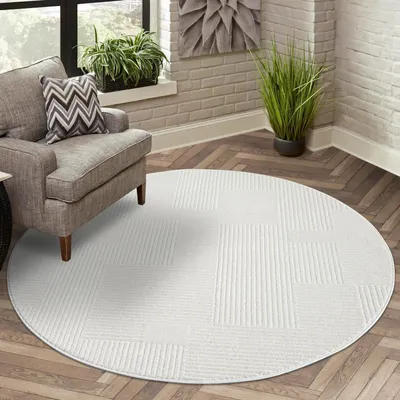 Produktbild von Teppich Kurzflor Wohnzimmer - Creme - 200 cm Rund -  Geometrisch, Gestreift - 3D-Effekt