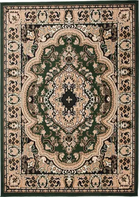 A top-down view of a rectangular rug with an intricate traditional pattern.