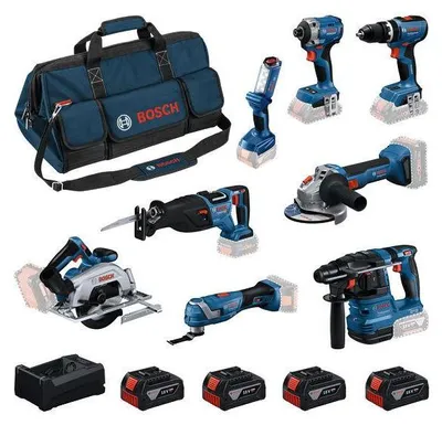 Image de Kit batterie 8 outils : 18V GBH 18V-22, GWS 18V-8, GDR 18V-215, GSB 18V-65, GKS 18V-57-2, GSA 18V-28, GOP 18V-34, GLI 18V-300 4x GBA 5.0Ah et chargeur GAL 12V/18V-80 dans sac à outils - BOSCH - 0615V00061