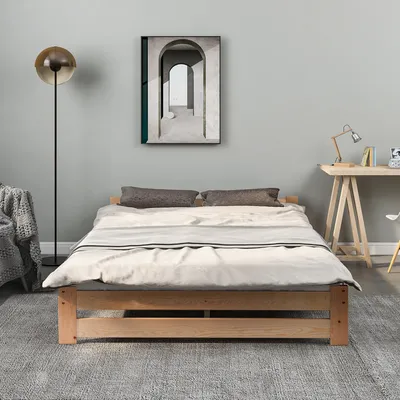 Produktbild von okwish Holzbettgestell mit Kopfteil und Lattenrost, Futonbett Doppelbett 140 x 200 cm, klassisches Bett in Naturfarbe