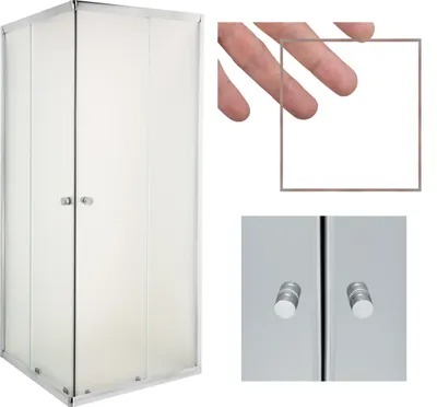 A collage of images showing a shower cabin, a hand holding a square frame, and a close-up of shower door handles.