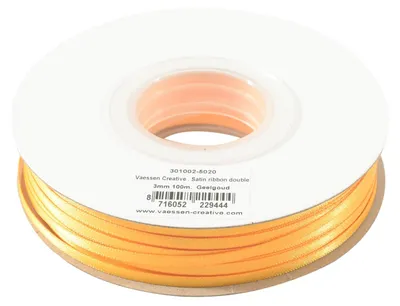 Imagen del producto de Cinta de satén Vaessen Creative, 3 mm x 100 m, color amarillo dorado. Cinta para lazos, cinta decorativa, cintas para manualidades, cintas de tela para bodas, bautizos y regalos de cumpleaños