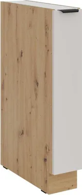 A single cabinet with a wood-effect side and a white front, standing on a plinth.