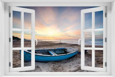 Produktbild von Wallario selbstklebendes Poster mit Fenster-Illusion - Fischerboot am Strand bei Sonnenuntergang, Größe: 100 x 150 cm