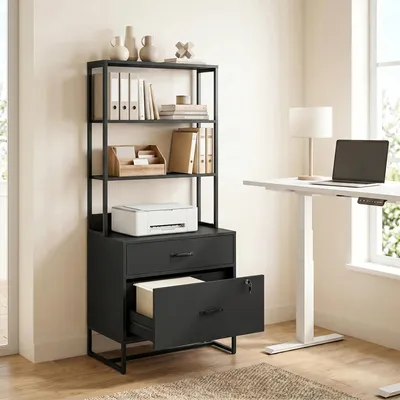 Image de Armoire de bureau verrouillable - Classeur - 2 tiroirs - Étagère à livres - Métal - Support pour imprimante - À assembler