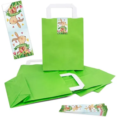 Produktbild von Logbuch-Verlag 10 kleine hell-grüne Verpackung Henkeltüte Papiertüte mit Griff 18 x 8 x 22 cm + Osteretiketten 7,2 x 21 cm Frohe Ostern Geschenktüte Aufkleber weiß rot braun Deko Osterhase"Frohe Ostern" bunt / 5 Stück