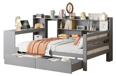 Produktbild von Schlafsofa 90x200cm aus Holz in Grau, Funktionsbett mit Schreibtisch, Bücherregal, Ablagefächern, 2 Schubladen, Steckdose und USB