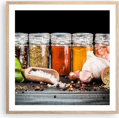 Produktbild von Gerahmtes Poster - Rahmen in heller Eiche - Gewürze Knoblauch Holz Salz - 60x60 cm - Wand Bild - Wanddeko - Wandbilder - Wandposter - Bilderrahmen - Bilder - Kunstdruck - Wandbild - P2NAC60x60-2896