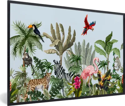 Produktbild von MuchoWow® MuchoWow® Gerahmtes Poster Dschungel - Flamingo - Affe - Jungen - Mädchen - Kinder 90x60 cm - Poster mit zchwarzem Bilderrahmen - Fotorahmen - Foto-Plakat