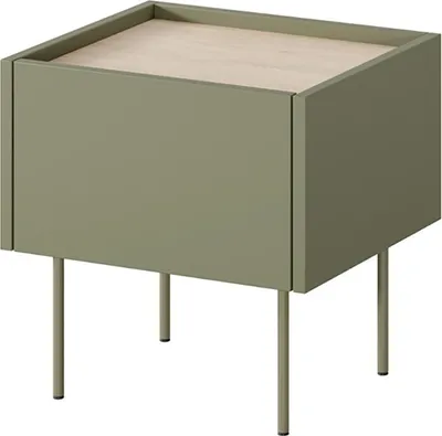 Zdjęcie produktu dla Szafka nocna Desin 45 cm z szufladą – oliwka i dąb Nagano, nowoczesny elegancki design na metalowych nogach