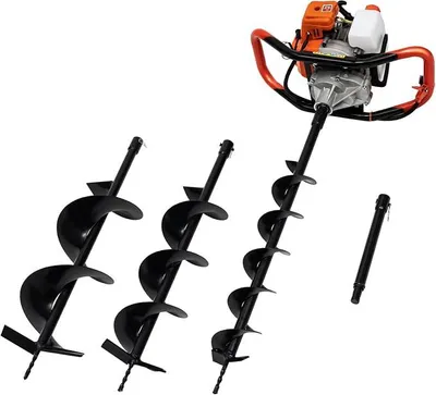Produktbild von 2-Takt Benzin Erdbohrer, 71cc/52cc Aushubmaschine Bodenfräse Benzin mit 4 Bohrköpfe Gartenbohrer, Securityausrüstung, Manueller Start, Luftkühlung Kühlsystem (52CC 2-Takt Benzin-Erdbohrer)