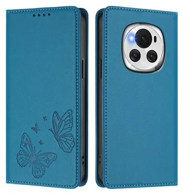 Image de Étui en cuir pour Honor Magic6, motif papillon, étui portefeuille à rabat avec support, bleu