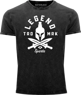 Produktbild von Herren Vintage Shirt Legend Sparta Spartan Helmet Schwerter Printshirt T-Shirt Aufdruck Used Look Slim Fit Neverless® schwarz XXL