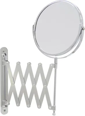 A chrome magnifying mirror mounted on a wall with an extendable arm.