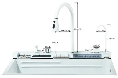 Produktbild von Küchenspüle - Einzelbecken - Edelstahl - Mit Wasserfall-Armatur - Schürzenfront / Farmhouse - Rechteckig - Weiß