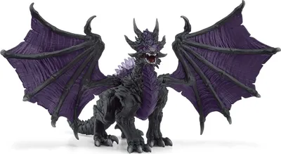 A toy dragon figure with purple wings and black body, standing on a white background.