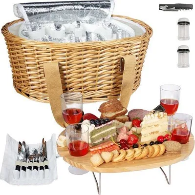 Produktbild von Picknickset für 4 Personen mit faltenfähiger Weintisch und Kühltasche - inklusive Besteck und Geschirrsets - Ideal für Paare - Ehegeschenk