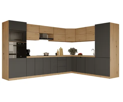 Produktbild von Winkelküche 360 x 260 cm Mit Mikrowellenumbauschrank L-Küche Einbauküche  Küchenblock Ohne Arbeitsplatte, Langen KL11-M360,Grau/Artisan Eiche
