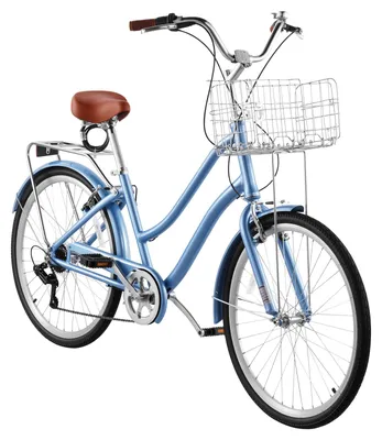 Immagine prodotto di Bicicletta da città per donna SucceBuy, modello cruiser da 26 pollici, color blu chiaro, con 7 velocità, ideale per l'uso quotidiano e il tempo libero. Dotata di cestino, portapacchi (fino a 50 kg), freni a V doppi e accessori pratici, adatta per gli spostamenti quotidiani e le gite al mare