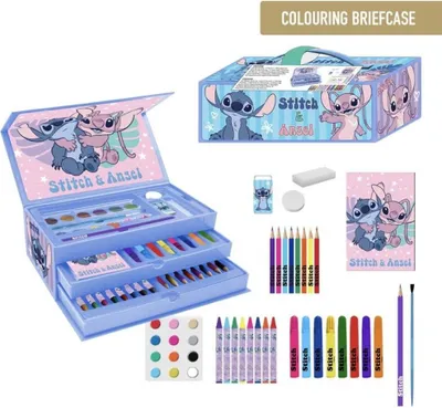 A collage of a Disney Stitch coloring briefcase and its contents, including pencils, crayons, and watercolors.