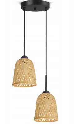 A product shot of a two-light pendant lamp with bamboo shades.