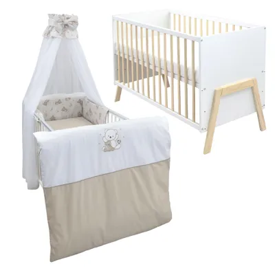 Produktbild von Babybett Kinderbett Gitterbett Juna 60x120 Weiß Schutzgitter Matratze Bettwäsche Set 10tlg Bärchen Beige