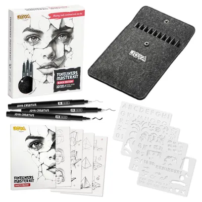 Produktbild von Joya Creative Fineliners Masterkit Black Edition – 10 schwarze Fineliner, Skizzenbuch, Wasserpinsel & Zeichenschablonen