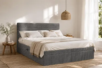 Produktbild von Kaiser Möbel Boxspringbett mit bettkasten und topper TRENTO,  ohne Bein stoff Plüsch Cord 160x200 cm Dunkelgrau H2-Pocket