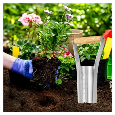 Produktbild von Blumenzwiebelpflanzer aus Edelstahl mit Holzgriff und Tiefenskala